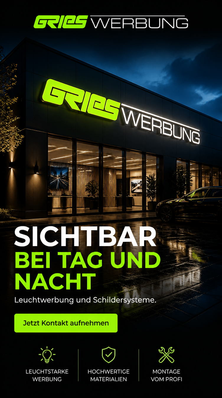 Social-Media-Creative mit beleuchtetem Firmengebäude und Leuchtwerbung bei Nacht