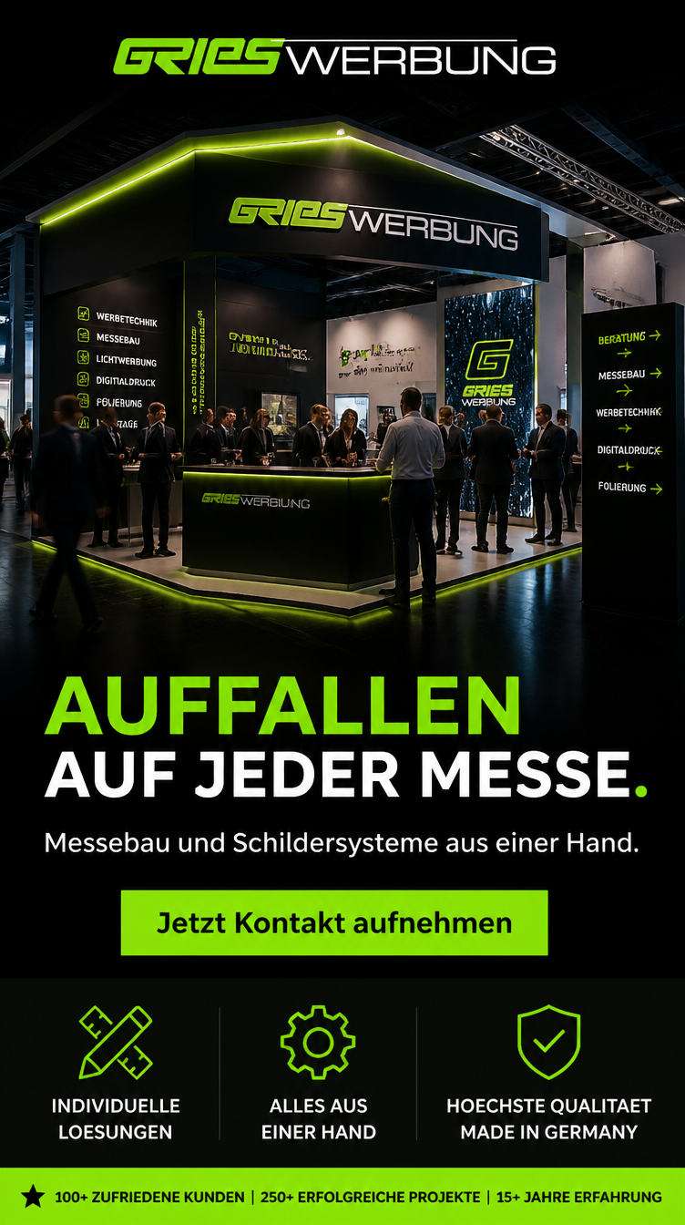 Social-Media-Creative für Messebau mit beleuchtetem Gries-Werbung-Messestand