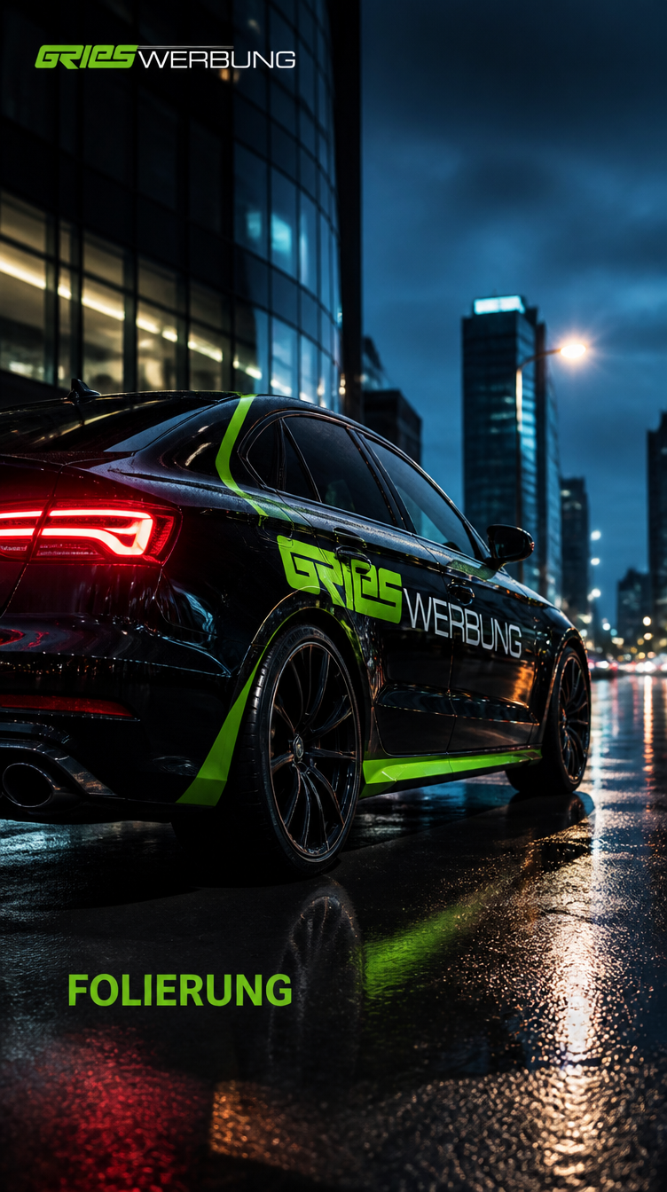 Social-Media-Creative mit foliertem Sportwagen vor nächtlicher Skyline