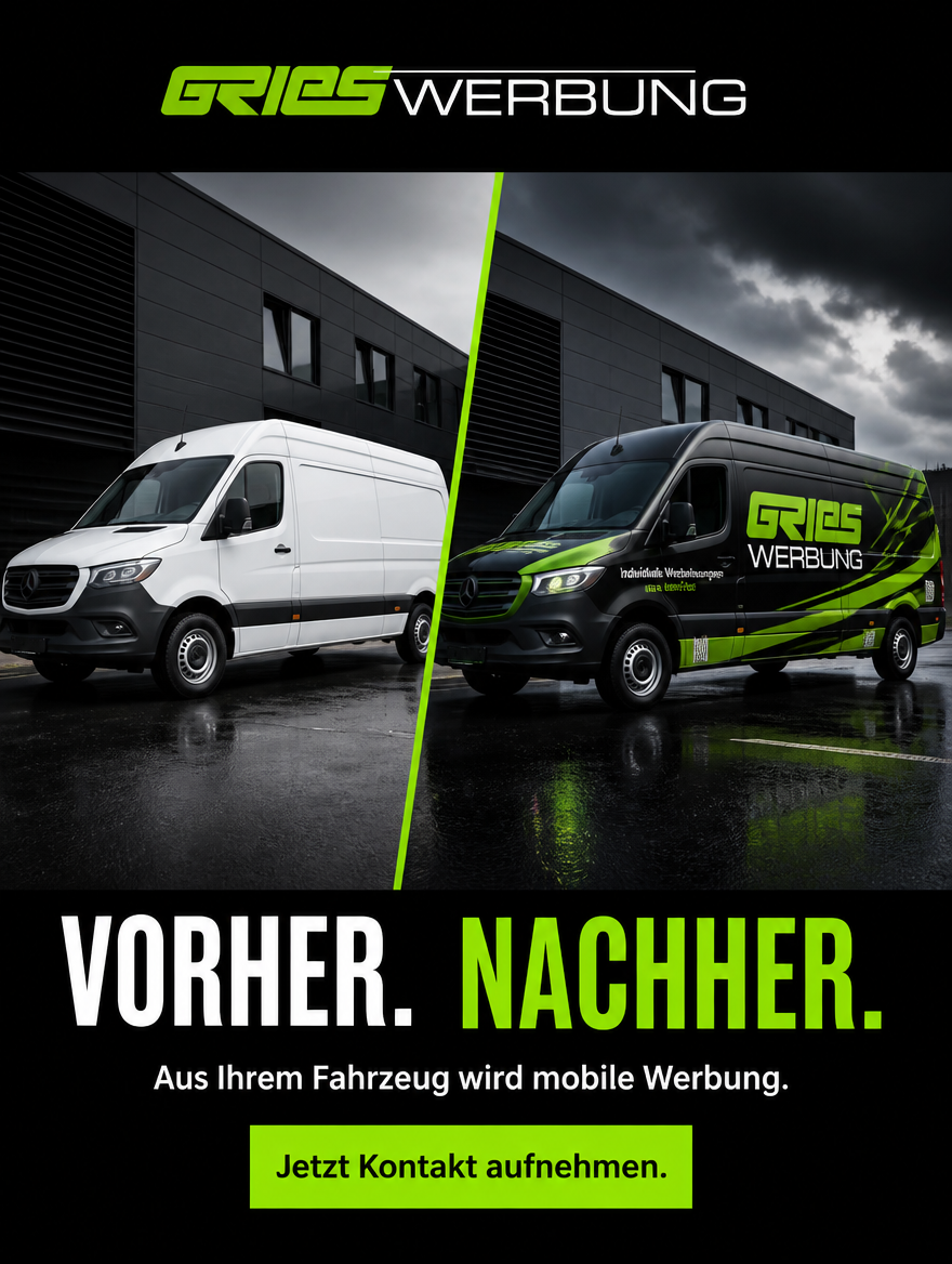 Social-Media-Creative mit Vorher-Nachher-Vergleich einer Fahrzeugfolierung bei einem Transporter