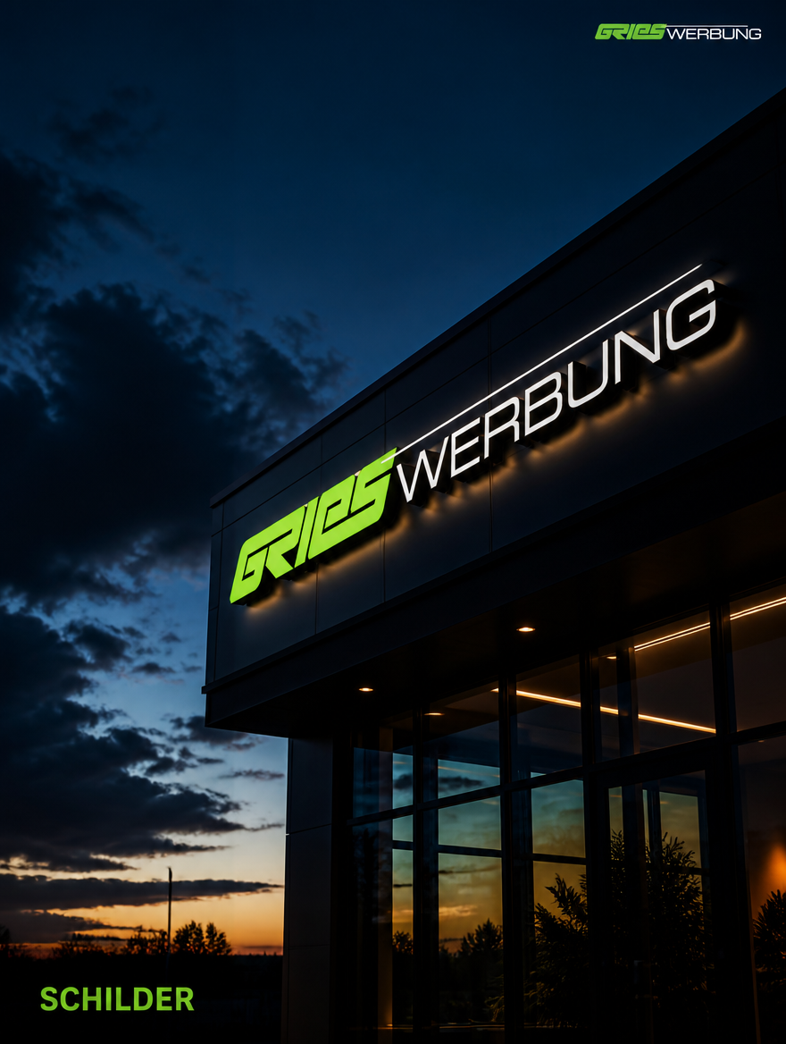 Social-Media-Creative mit beleuchteter Fassaden-Leuchtwerbung von Gries Werbung bei Dämmerung