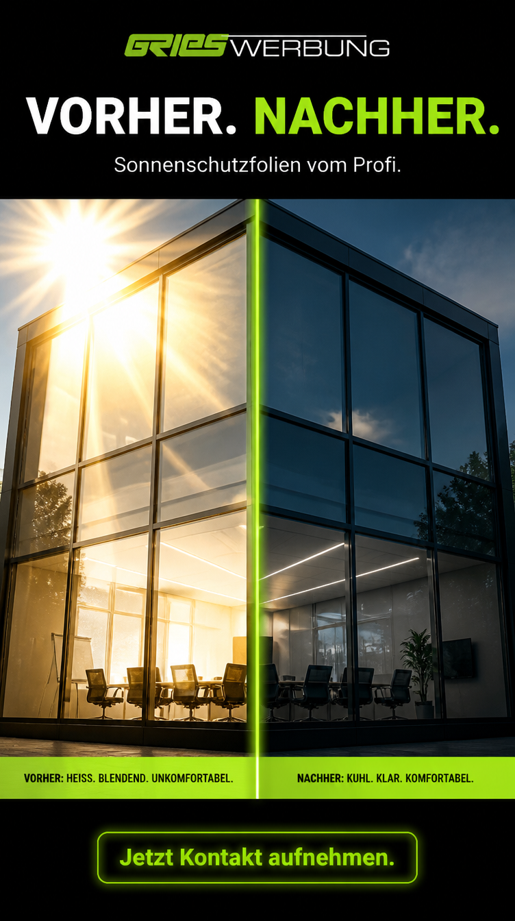 Social-Media-Creative mit Vorher-Nachher-Vergleich einer Glasfassade für Sonnenschutzfolien